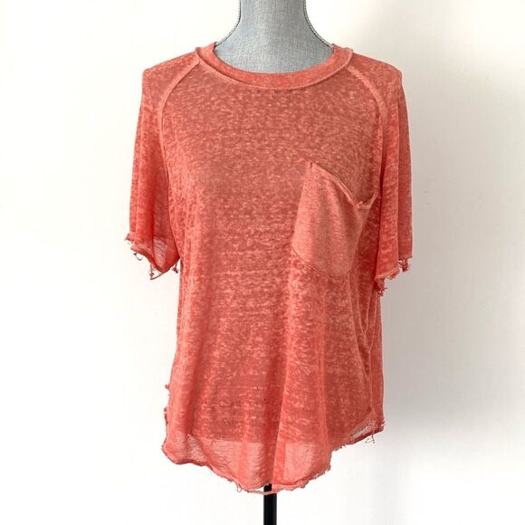 We The Free Tops - We The Free Distressed Sheer Coral Orange Short Sleeve Tee XS Lightweight Beach